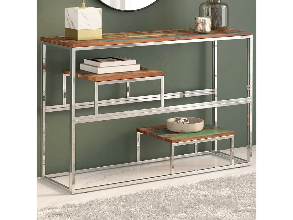 Table console argenté inox et bois de récupération massif