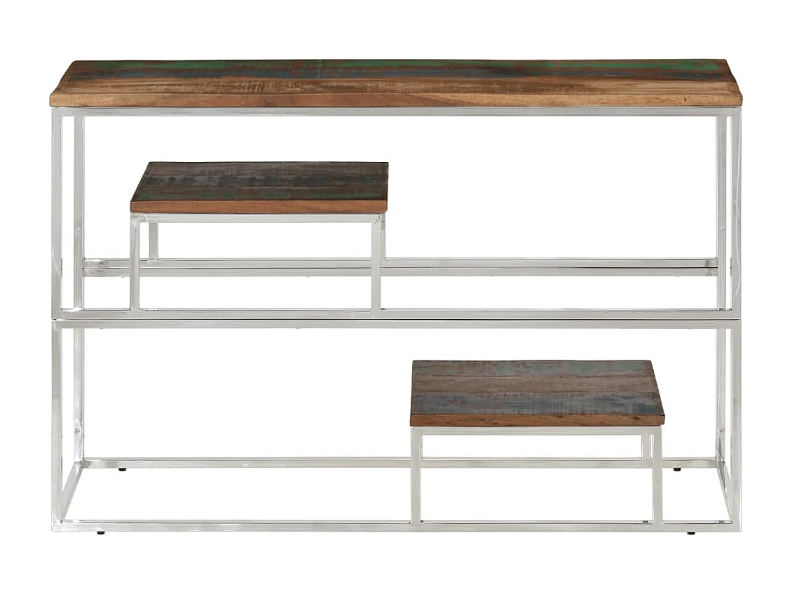 Table console argenté inox et bois de récupération massif