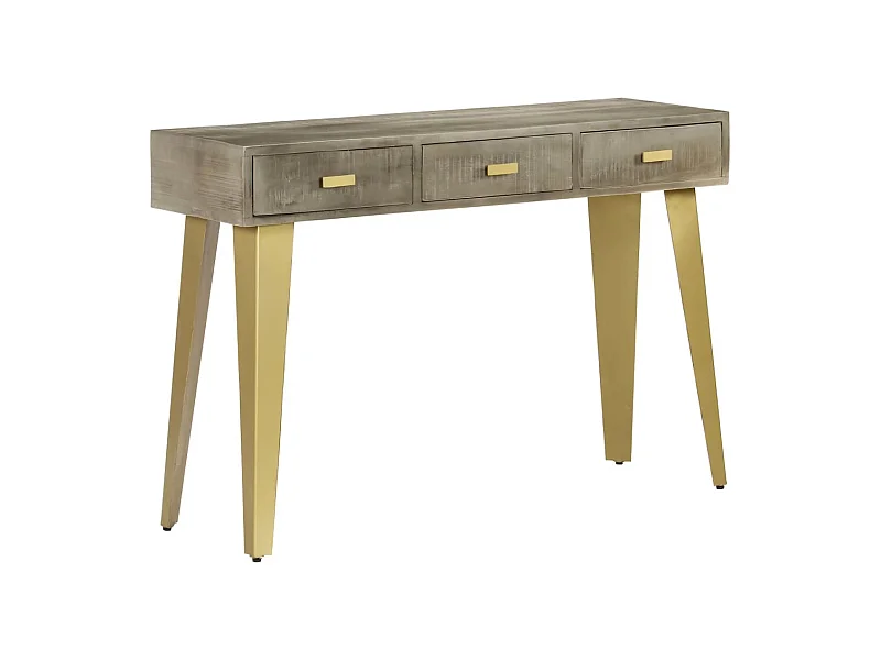 Mesa consola de madera mango maciza gris y latón 110x35x76 cm