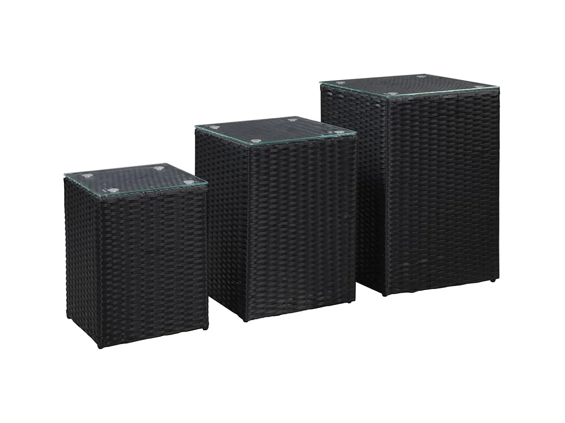 Tables d'appoint 3 pièces et dessus en verre Noir Résine tressée
