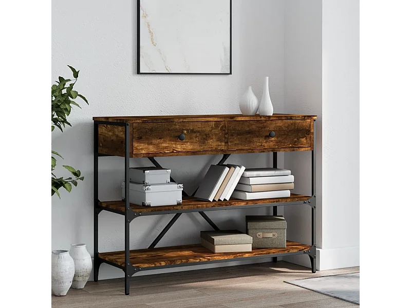 Table console avec tiroirs et étagères chêne fumé