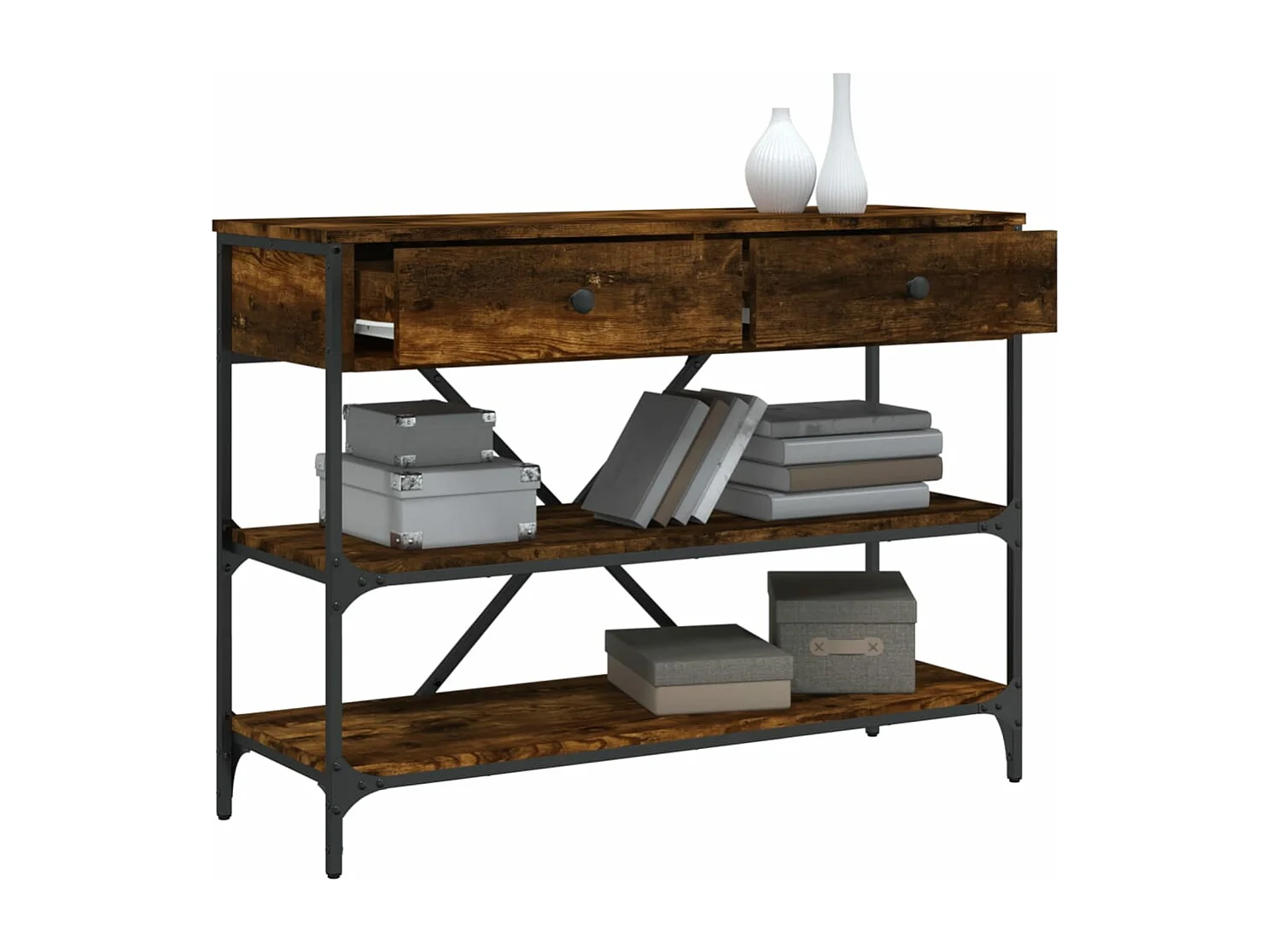 Table console avec tiroirs et étagères chêne fumé