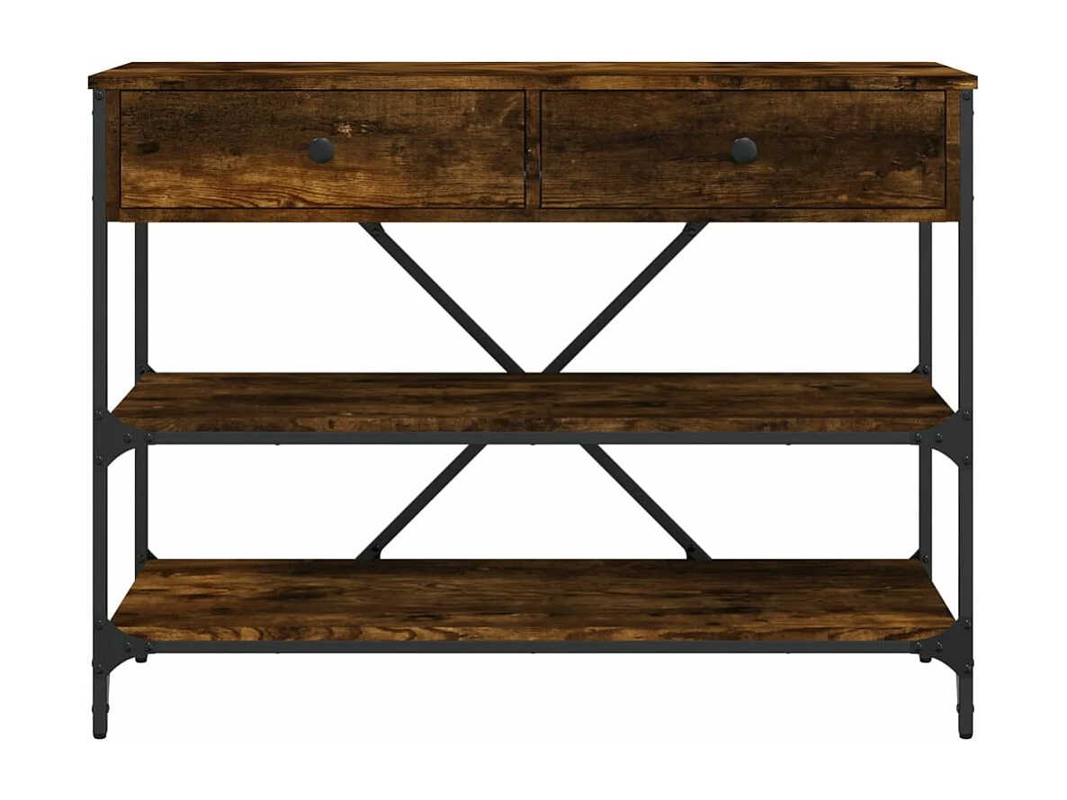 Table console avec tiroirs et étagères chêne fumé