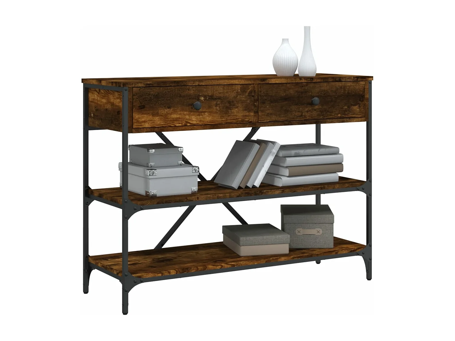 Table console avec tiroirs et étagères chêne fumé