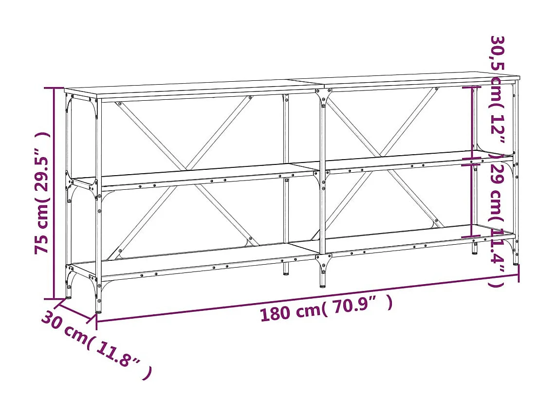 Mesa consola hierro madera ingeniería roble ahumado 180x30x75cm