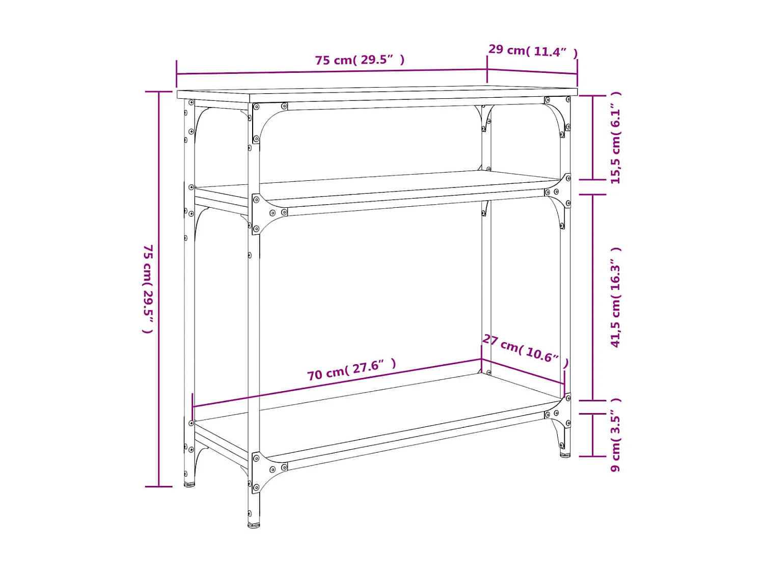 Table console sonoma gris 75x29x75 cm bois d'ingénierie