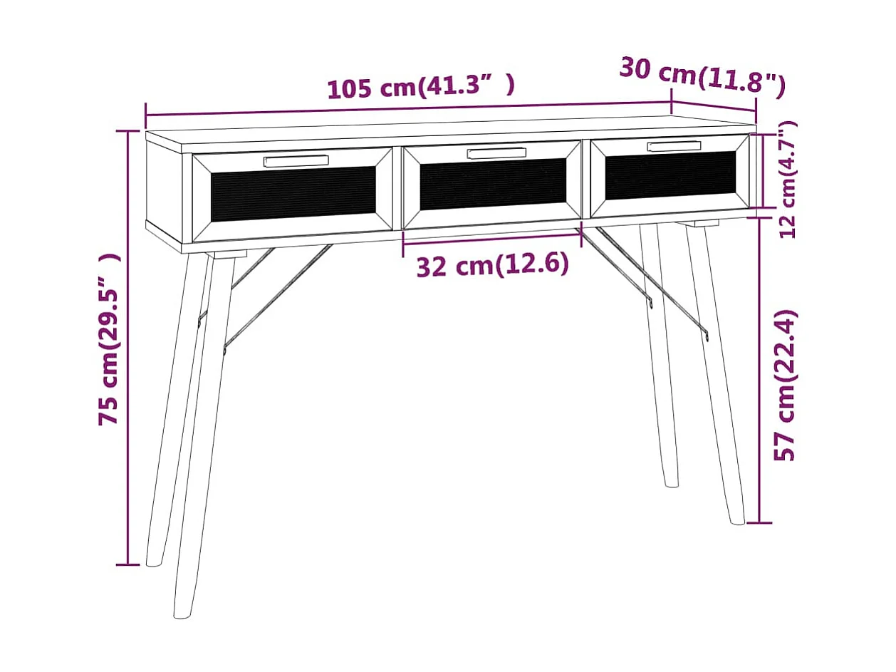 Wandtafel 105x30x75 cm massief grenenhout en natuurlijk rattan