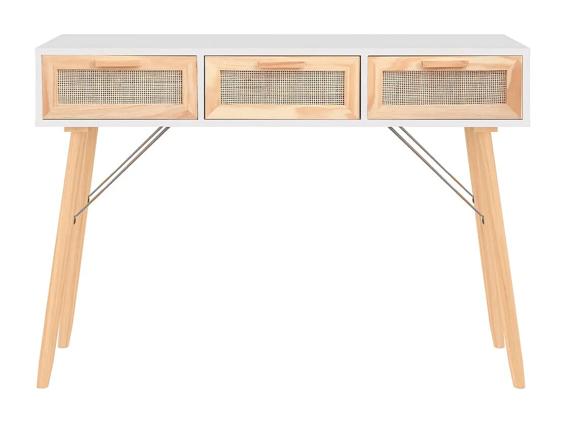 Table console Blanc 105x30x75 cm Bois massif pin /rotin naturel