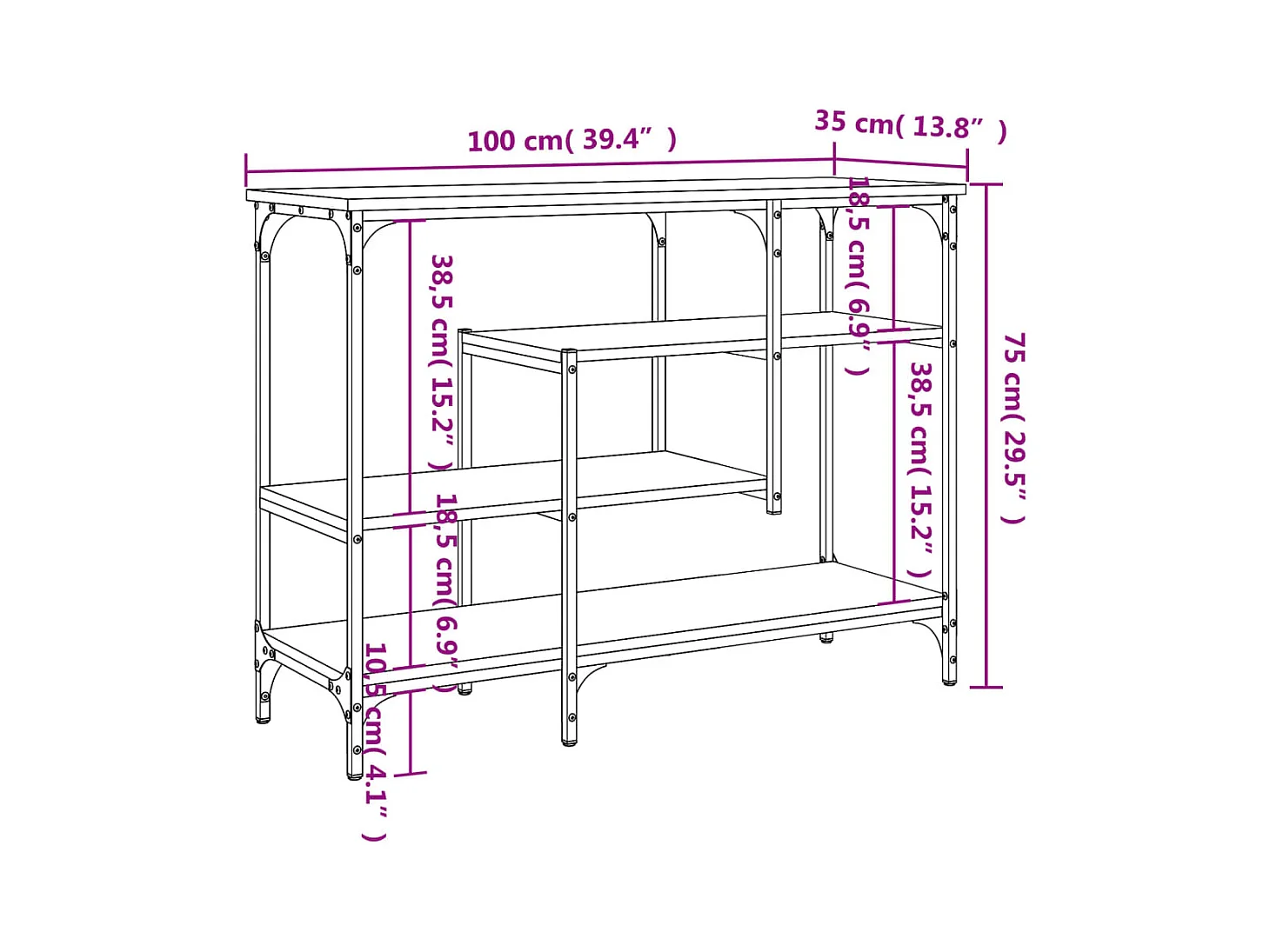 Table console avec étagères sonoma gris 100x35x75 cm