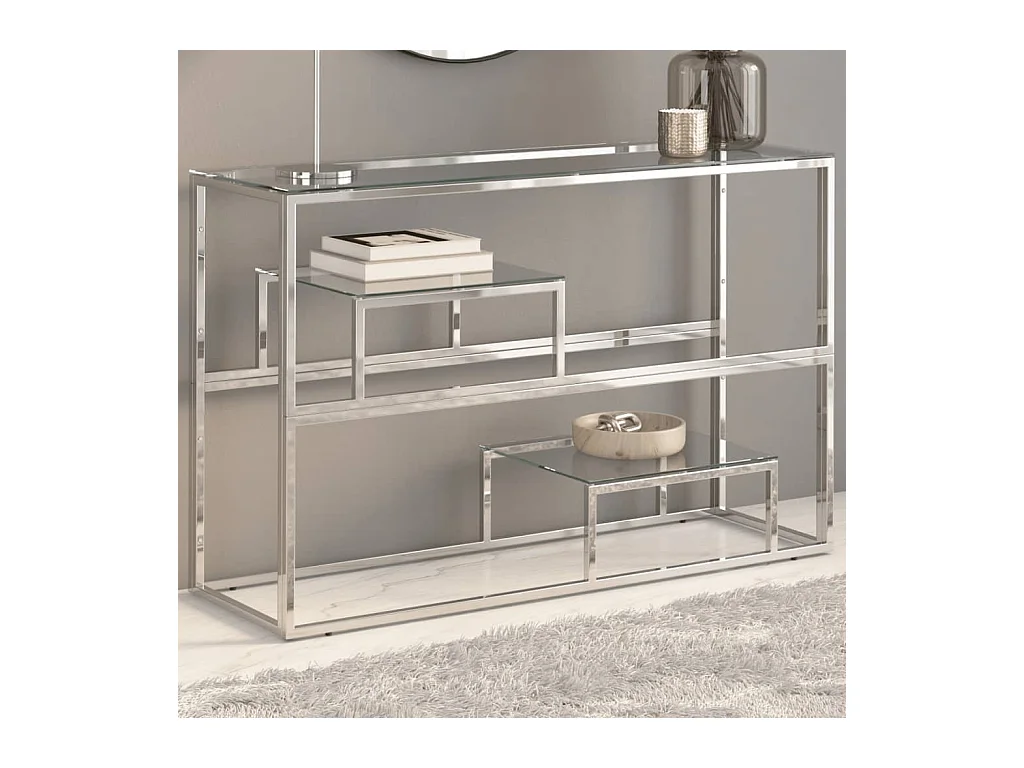 Table console argenté acier inoxydable et verre trempé