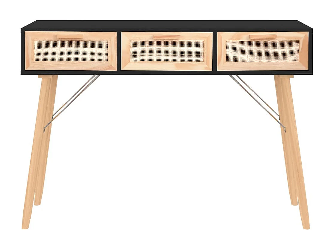 Table console Noir 105x30x75 cm Bois massif pin /rotin naturel