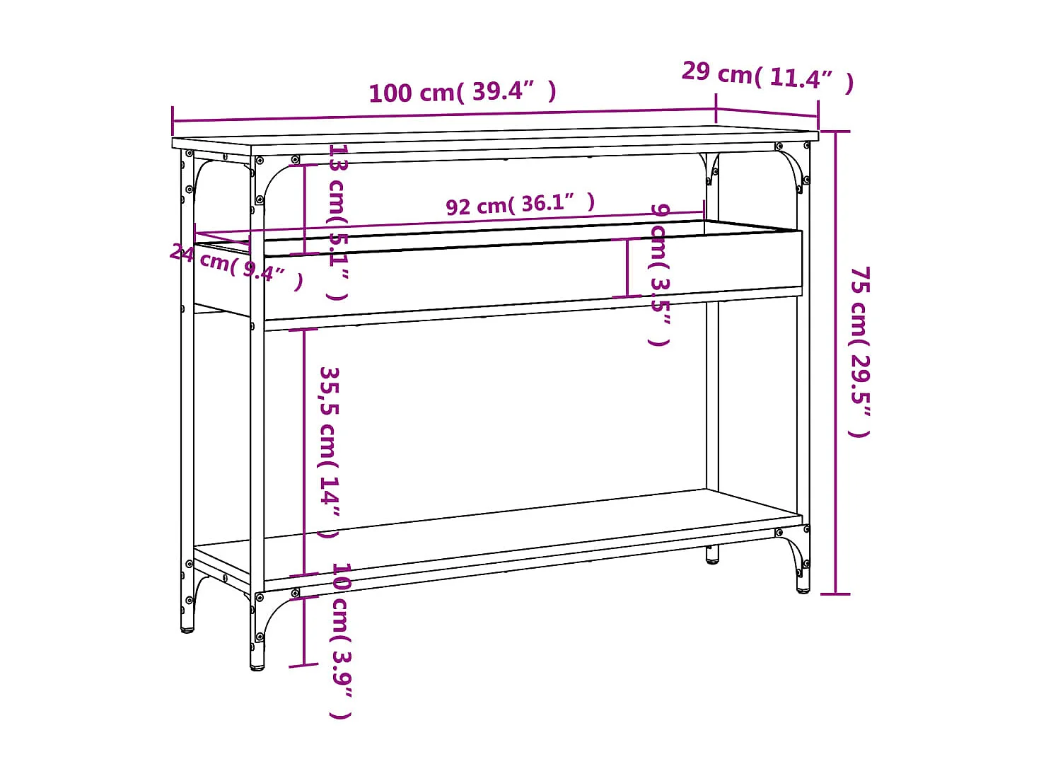 Table console avec étagère noir 100x29x75 cm bois d'ingénierie