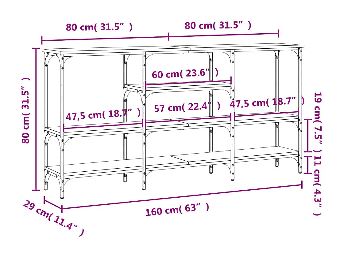 Table console chêne sonoma 160x29x80 cm bois d'ingénierie