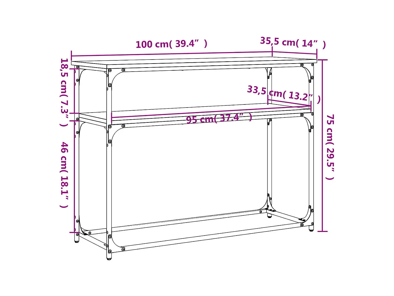 Mesa consola 100x35,5x75cm derivados de madeira cinzento sonoma