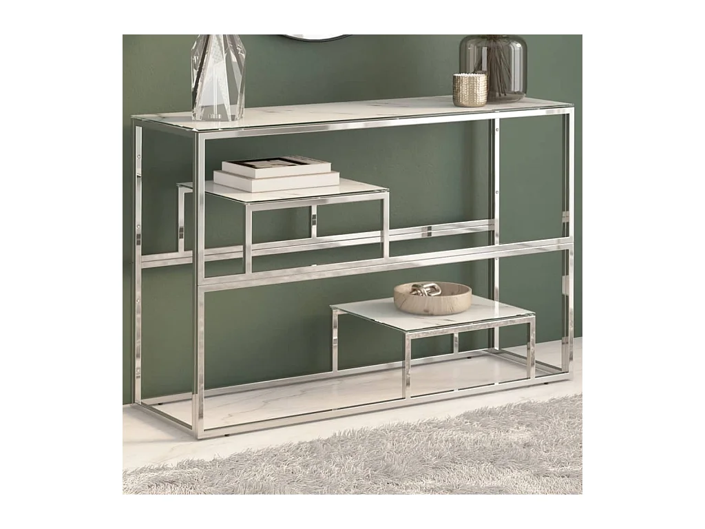 Table console argenté acier inoxydable et verre trempé