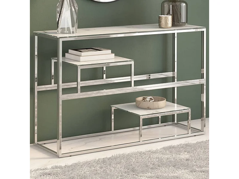 Table console argenté acier inoxydable et verre trempé