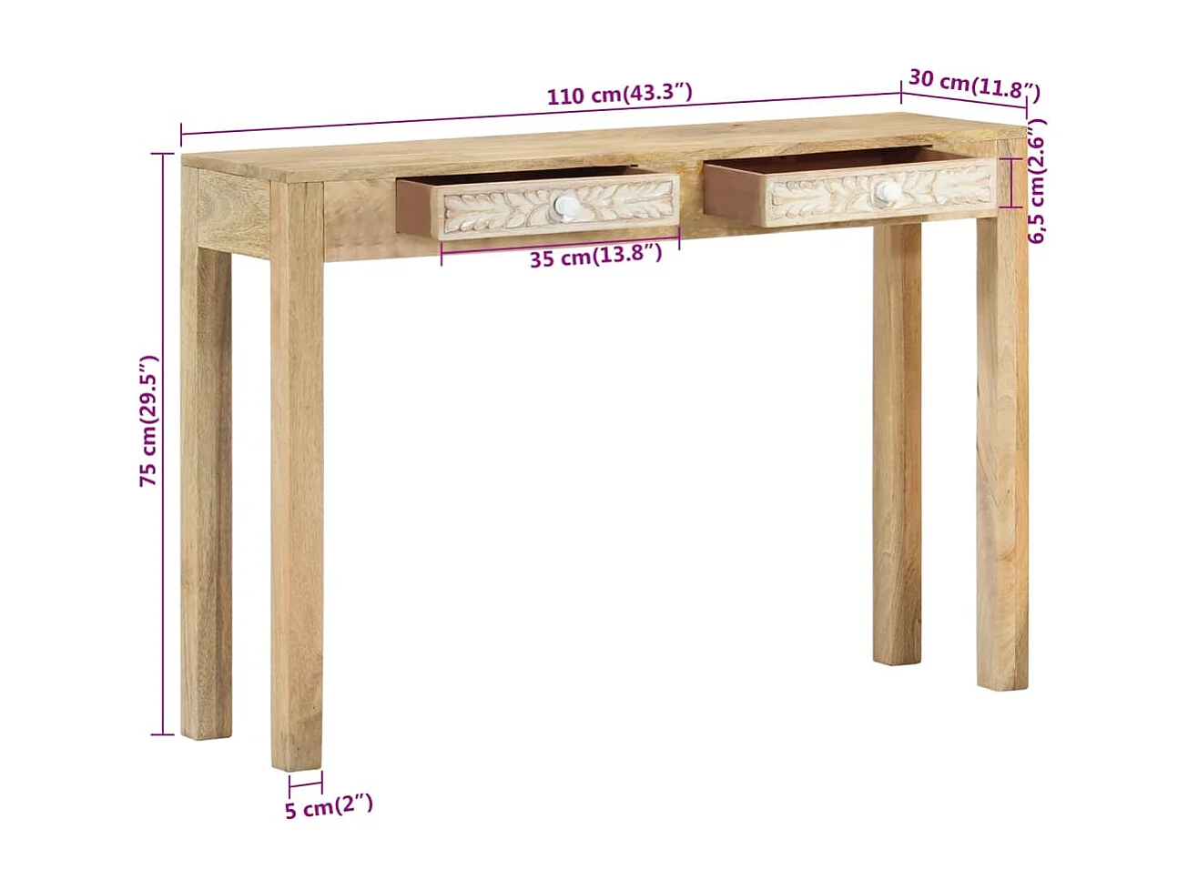 Wandtafel 110x30x75 cm massief gebleekt mangohout
