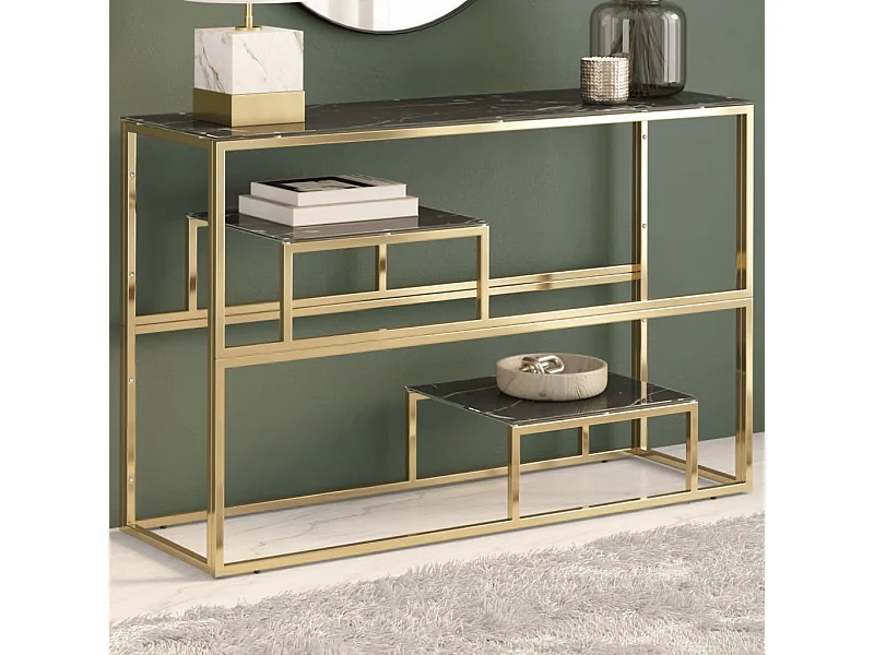 Mesa consola aço inoxidável e vidro temperado dourado