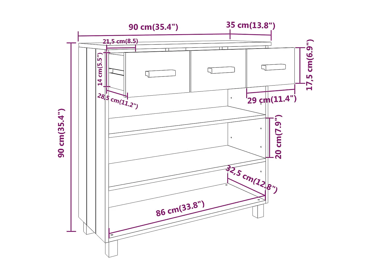 Wandtafel HAMAR 90x35x90 cm massief grenenhout donkergrijs