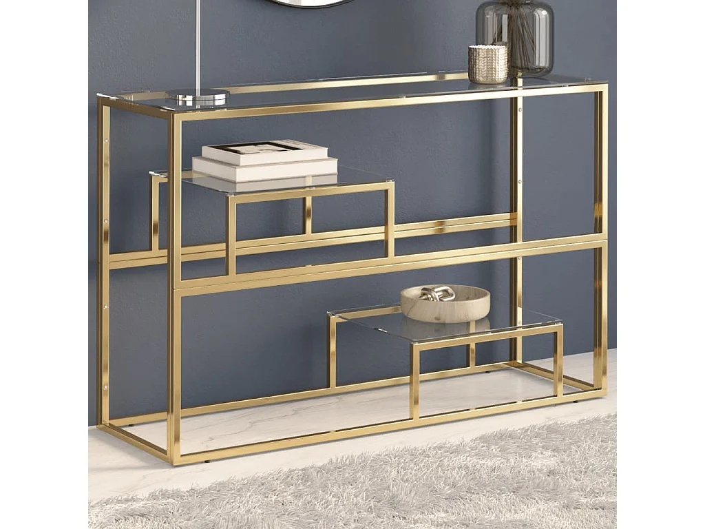 Table console doré acier inoxydable et verre trempé
