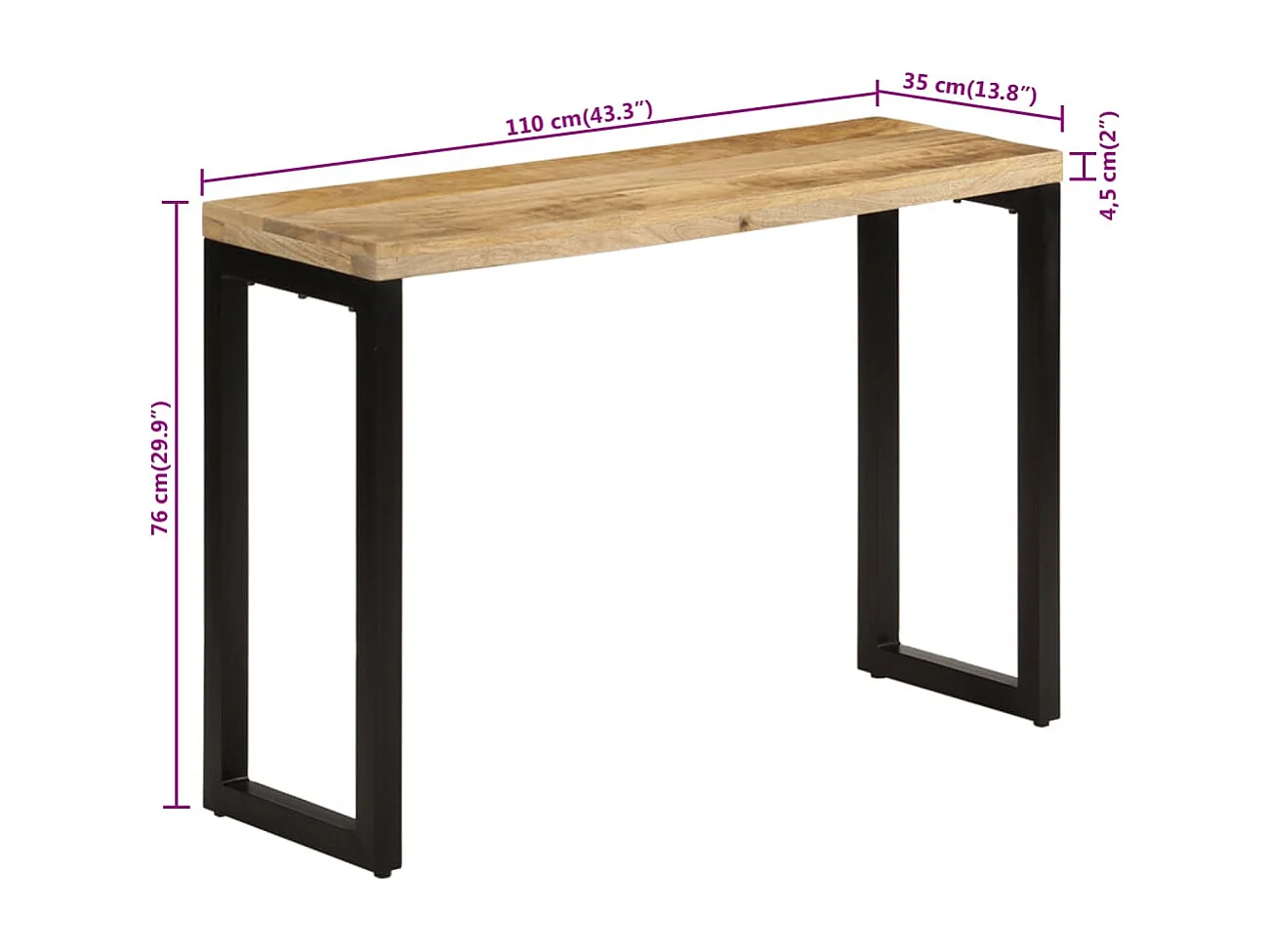 Table console 110x35x76 cm bois de manguier massif brut