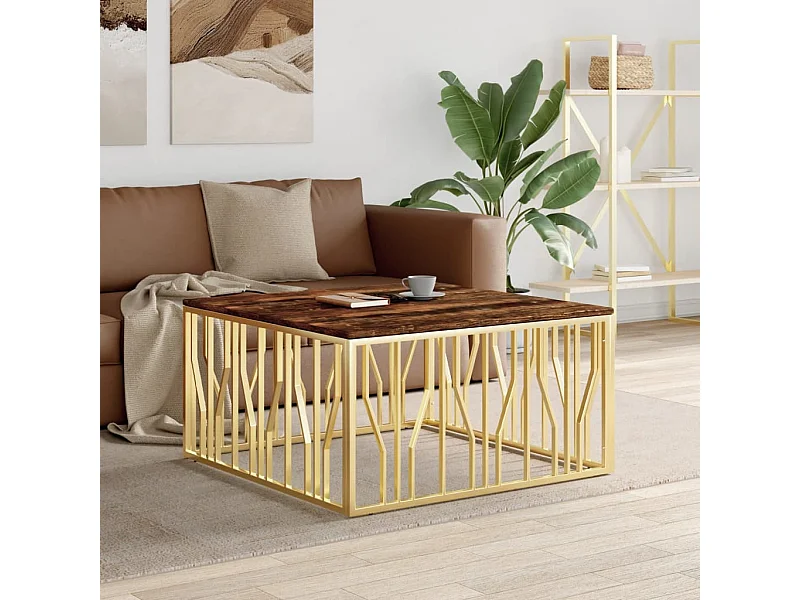 Table basse doré acier inoxydable et bois massif récupération