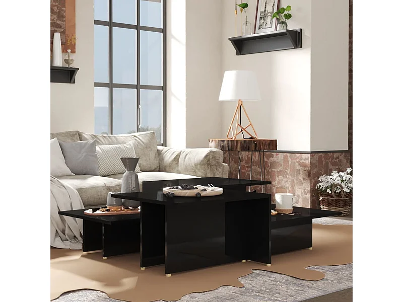 Table basse 2 pièces Noir brillant 111,5x50x33cm Bois d'ingénierie