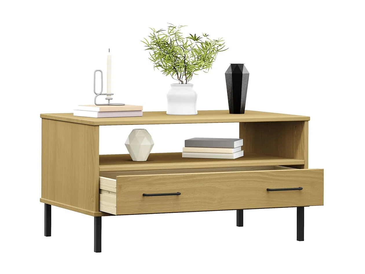 Mesa de centro patas metal OSLO madera maciza marrón 85x50x45cm