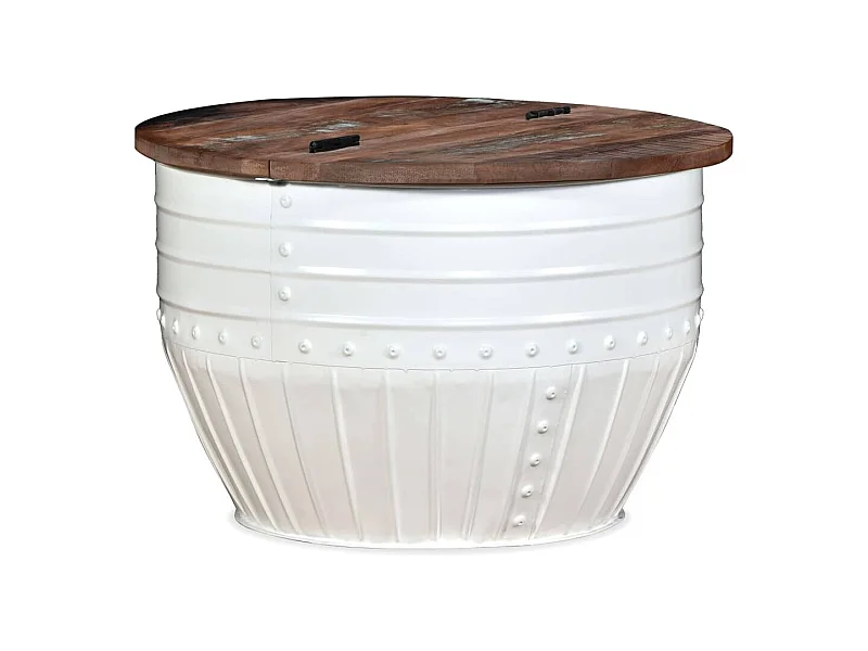Mesa de centro madera maciza reciclada blanca forma de barril