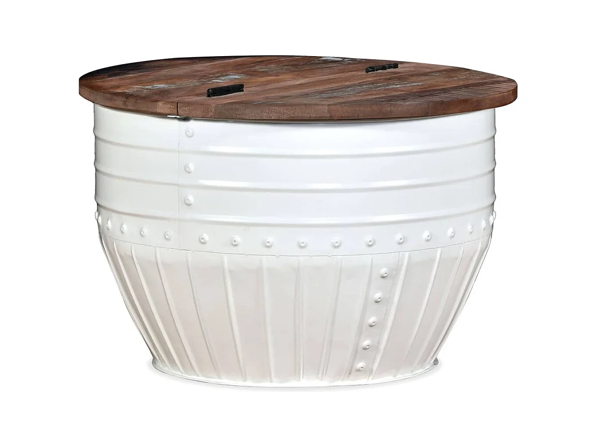 Mesa de centro madera maciza reciclada blanca forma de barril