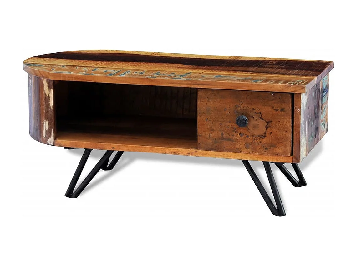 Mesa de centro com pernas de ferro, madeira maciça reciclada
