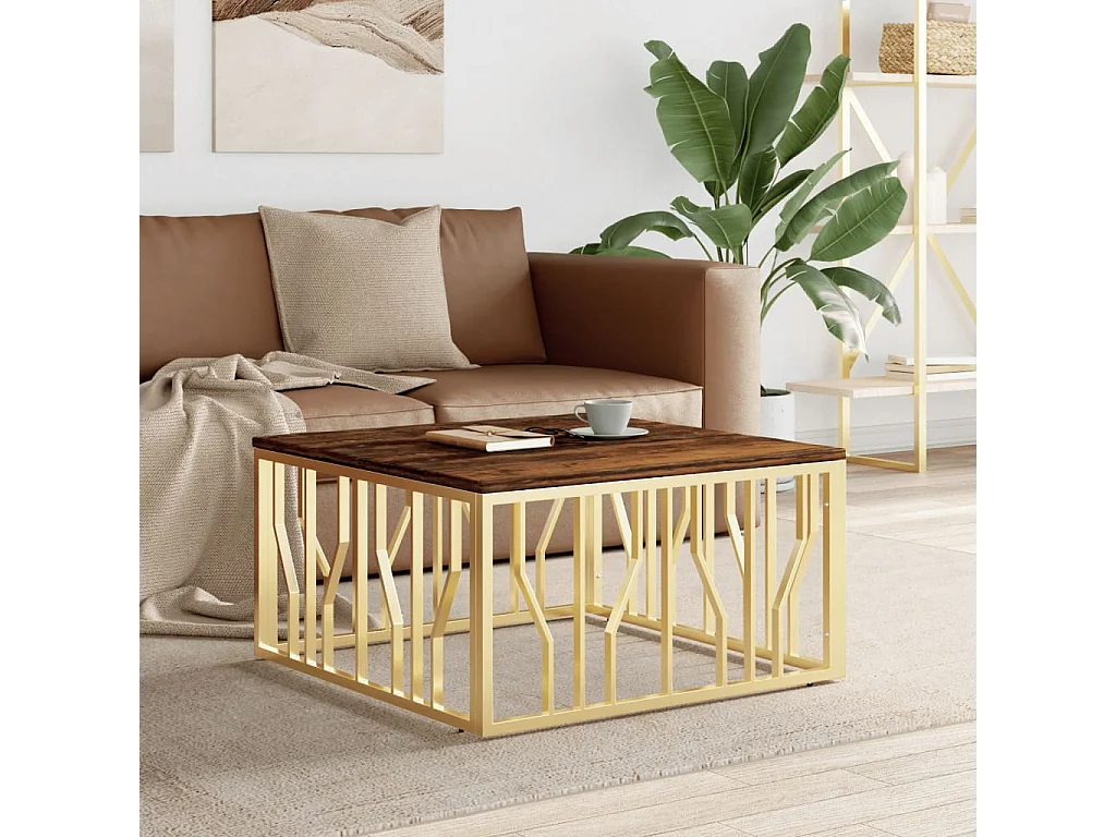 Table basse doré acier inoxydable et bois massif récupération