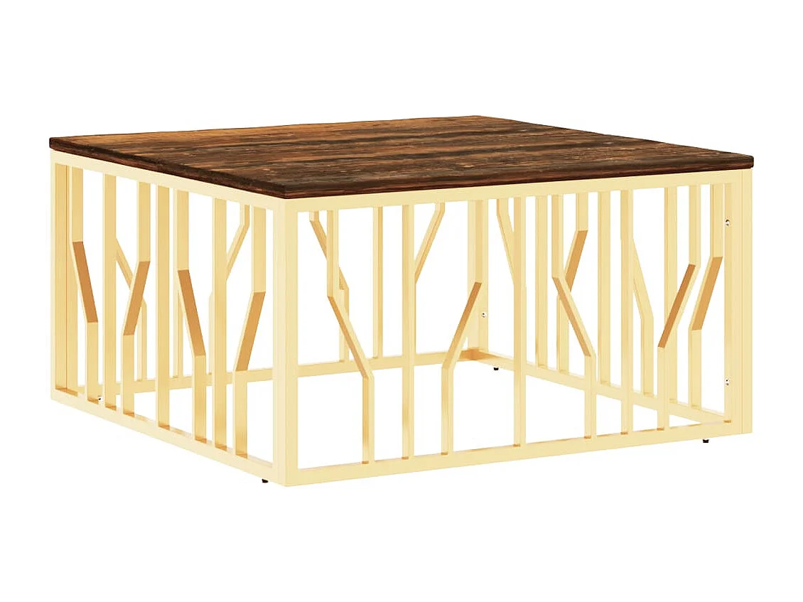 Table basse doré acier inoxydable et bois massif récupération