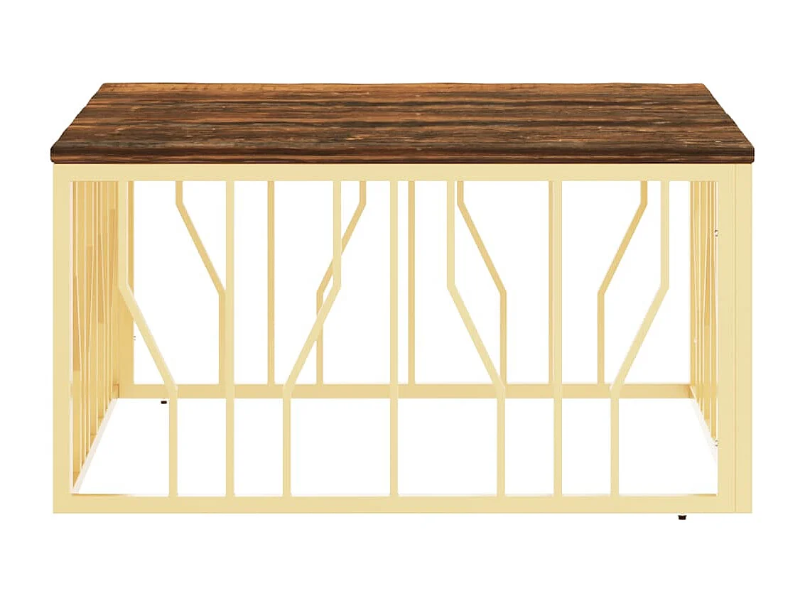 Table basse doré acier inoxydable et bois massif récupération