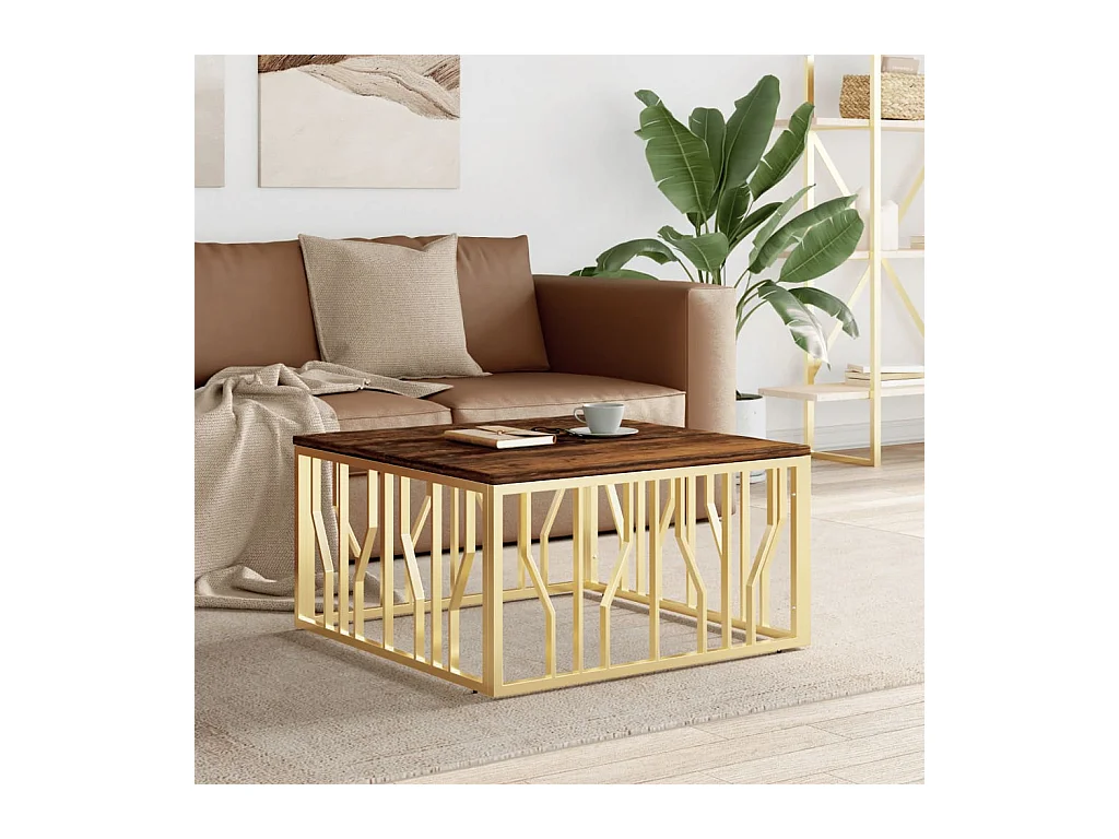 Table basse doré acier inoxydable et bois massif récupération