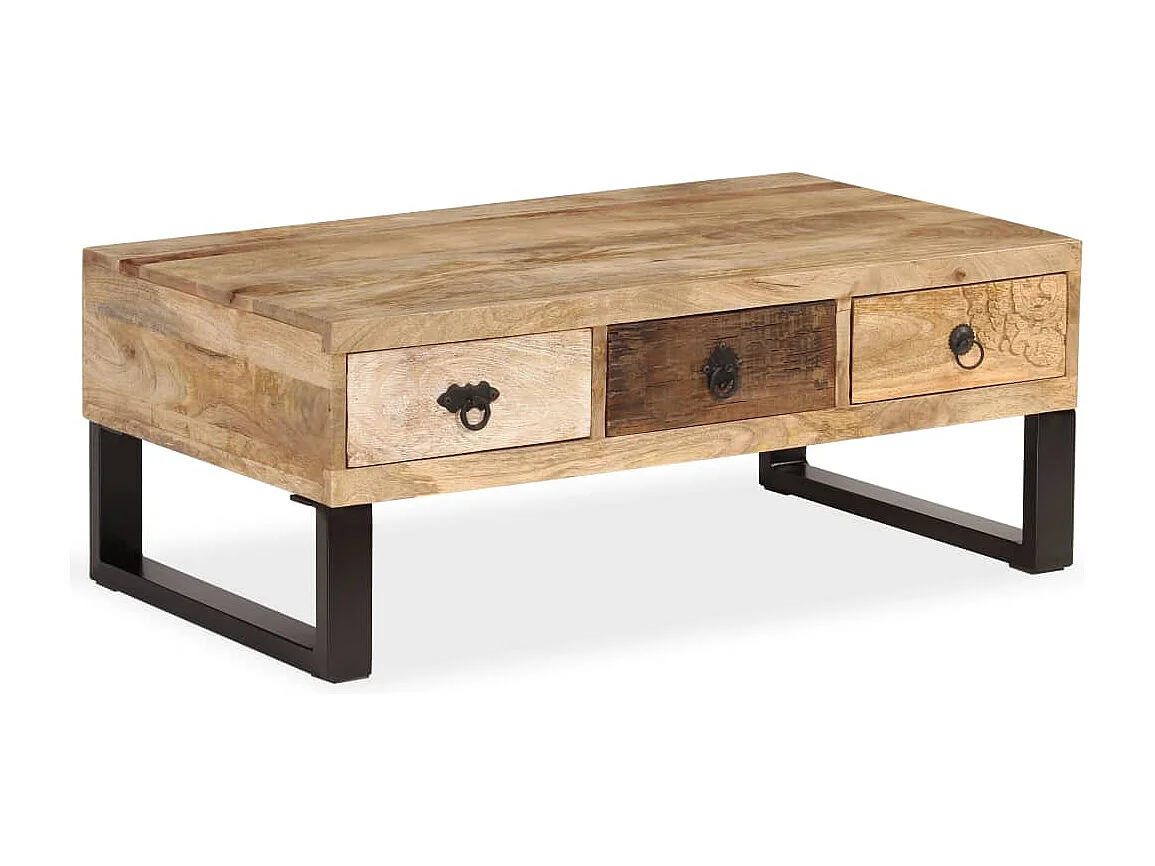 Mesa de centro con 3 cajones madera maciza de mango 90x50x35 cm