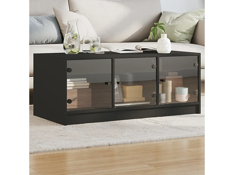Table basse avec portes en verre noir 102x50x42 cm
