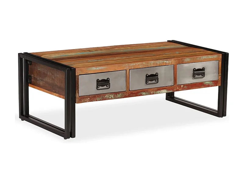 Mesa de centro 3 gavetas madeira recuperada maciça 100x50x35 cm