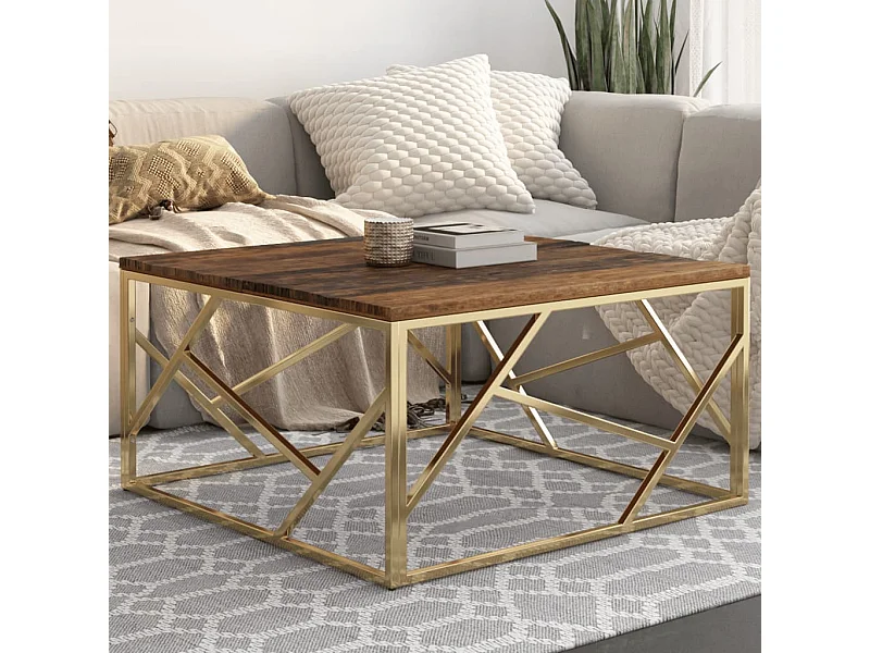 Table basse doré acier inoxydable et bois de mélèze massif