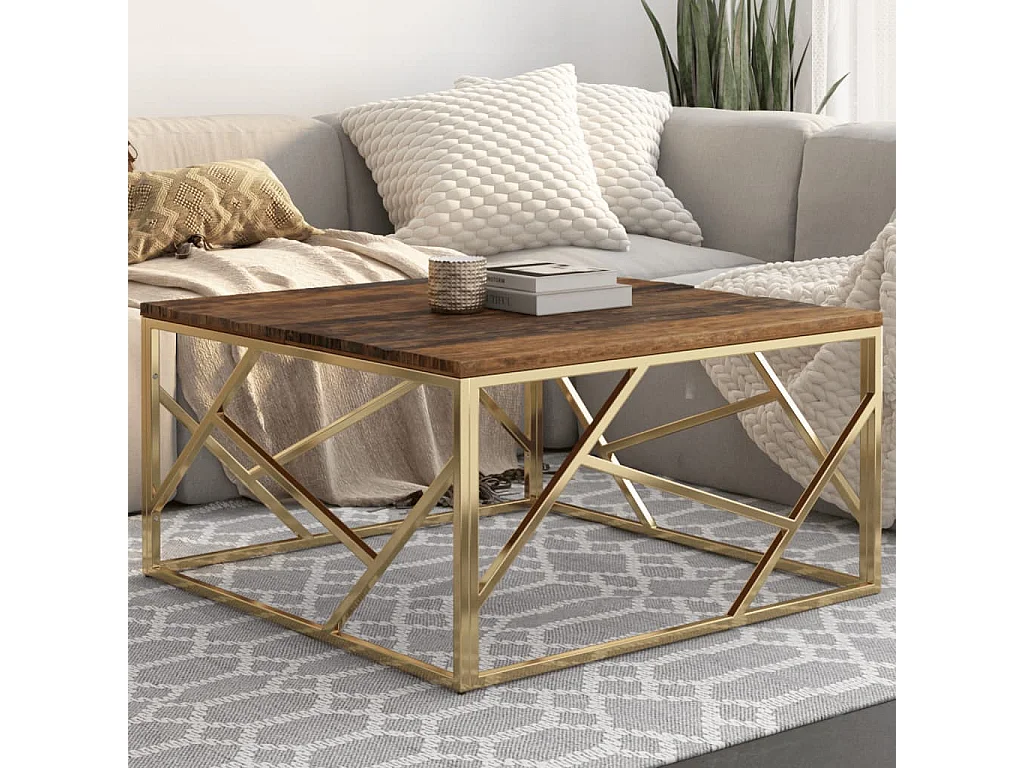 Table basse doré acier inoxydable et bois de mélèze massif