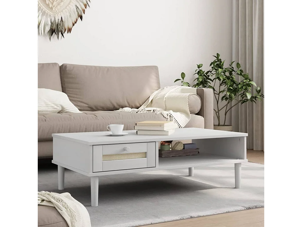 Table basse SENJA aspect rotin blanc 100x55x33 cm bois massif