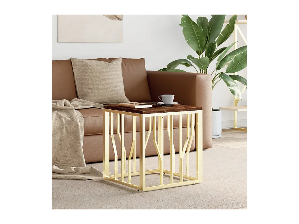 Table basse doré acier inoxydable et bois massif récupération