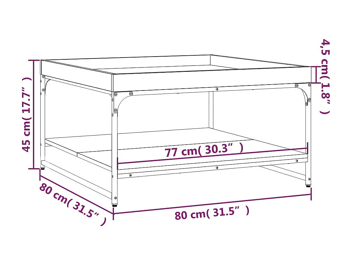 Table basse chêne marron 80x80x45 cm bois d'ingénierie et fer