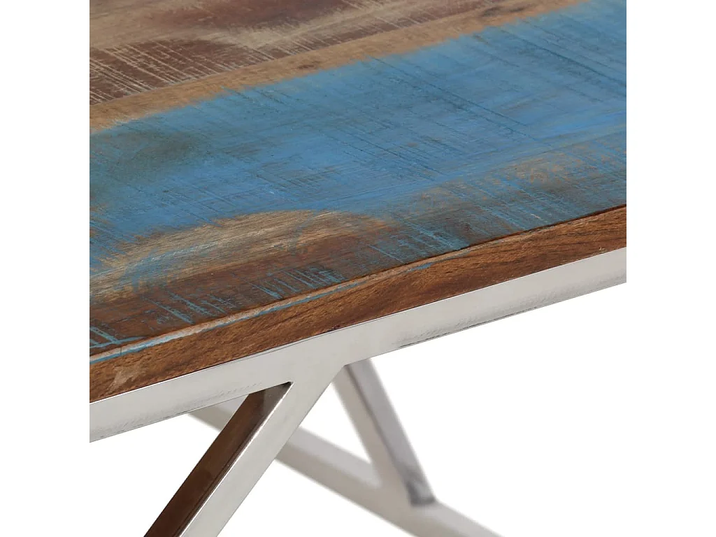 Table basse argenté inox et bois de récupération massif