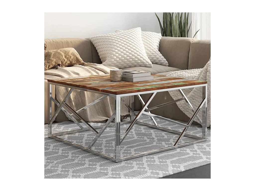 Table basse argenté inox et bois de récupération massif