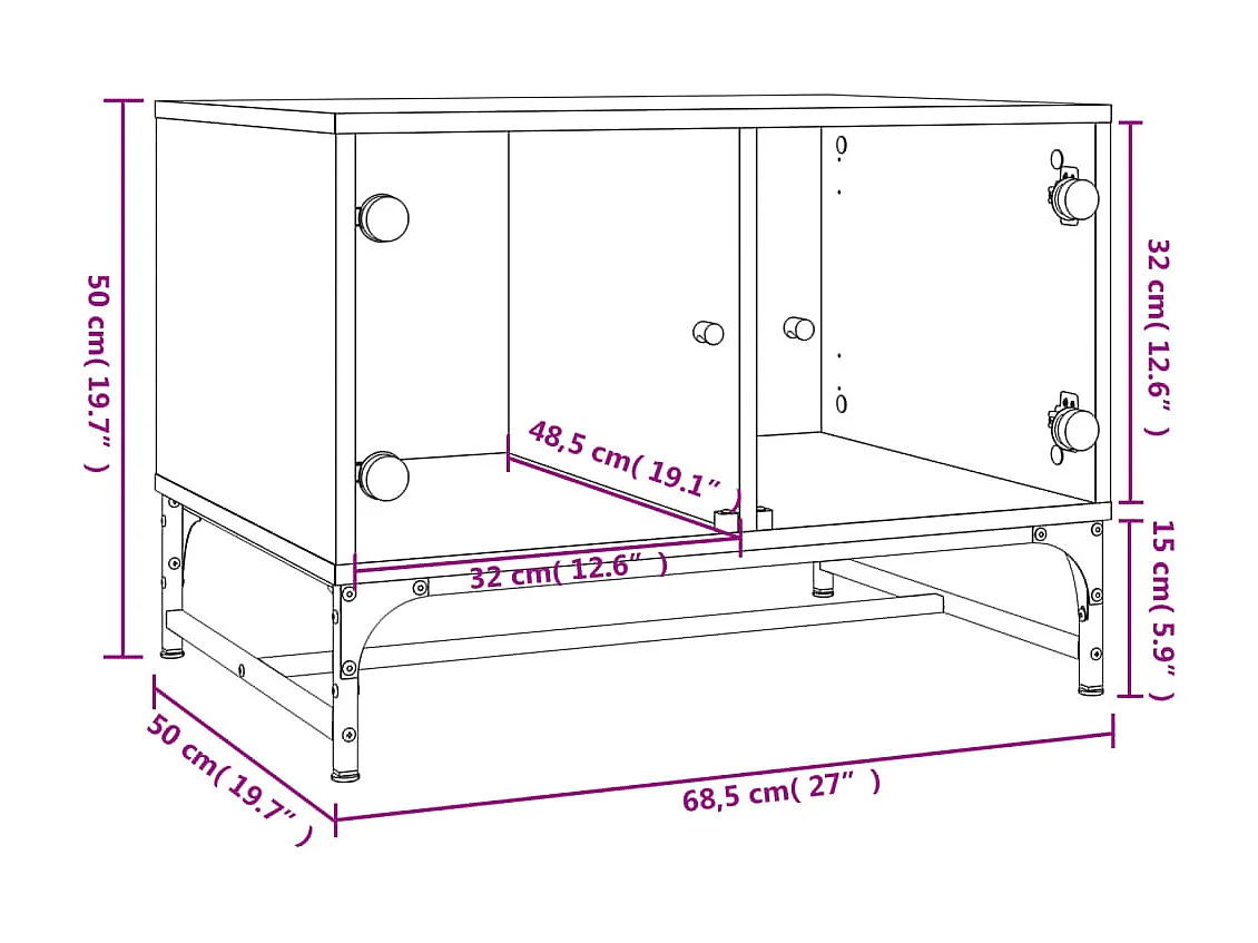 Table basse avec portes en verre noir 68,5x50x50 cm