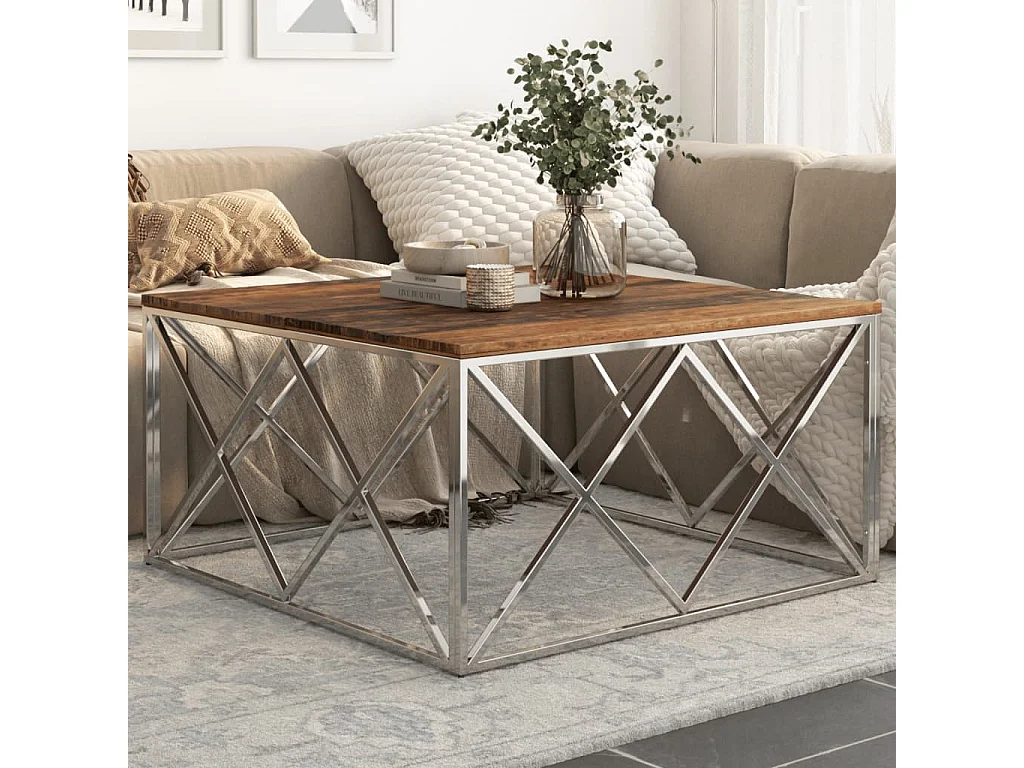 Table basse argenté inox et bois de mélèze massif