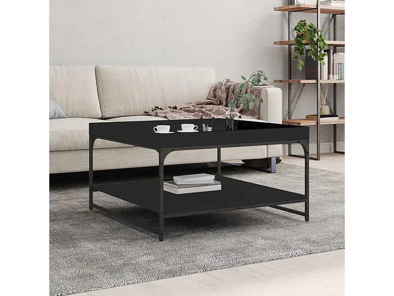 Table basse noir 80x80x45 cm bois d'ingénierie et fer