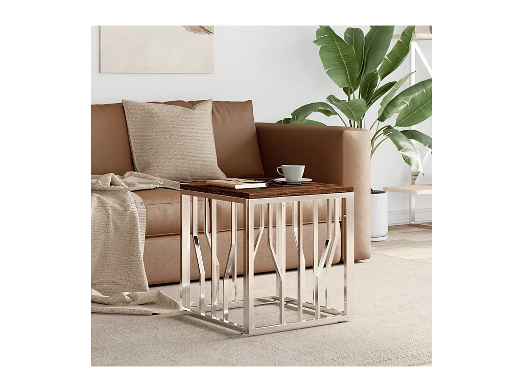 Table basse argenté acier inoxydable/bois massif récupération