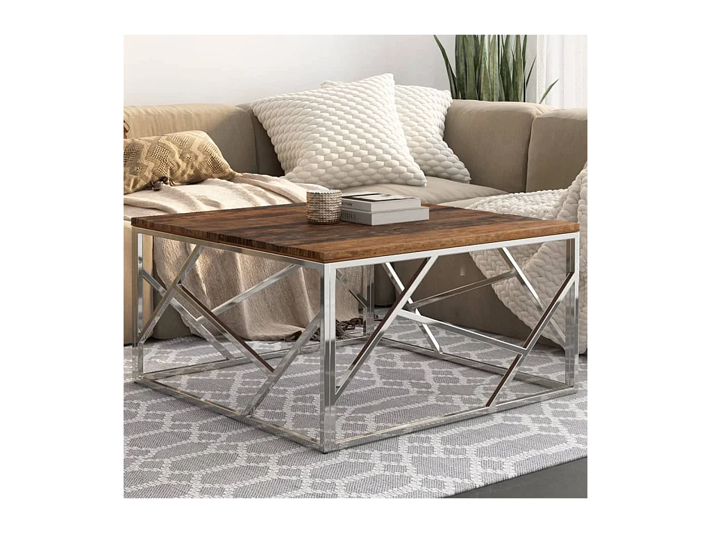 Table basse argenté inox et bois de mélèze massif